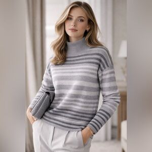 Max Studio Womens Sweater Sz Large Gray Stripe 100% Cashmere 2 Ply Mock Neck